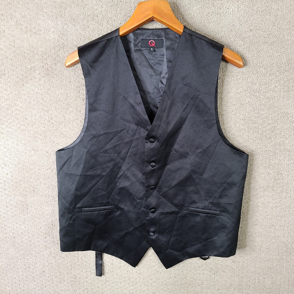 Brand Q Vest Mens Small Black Regular Fit Formal Satin Polyester Prom Wedding